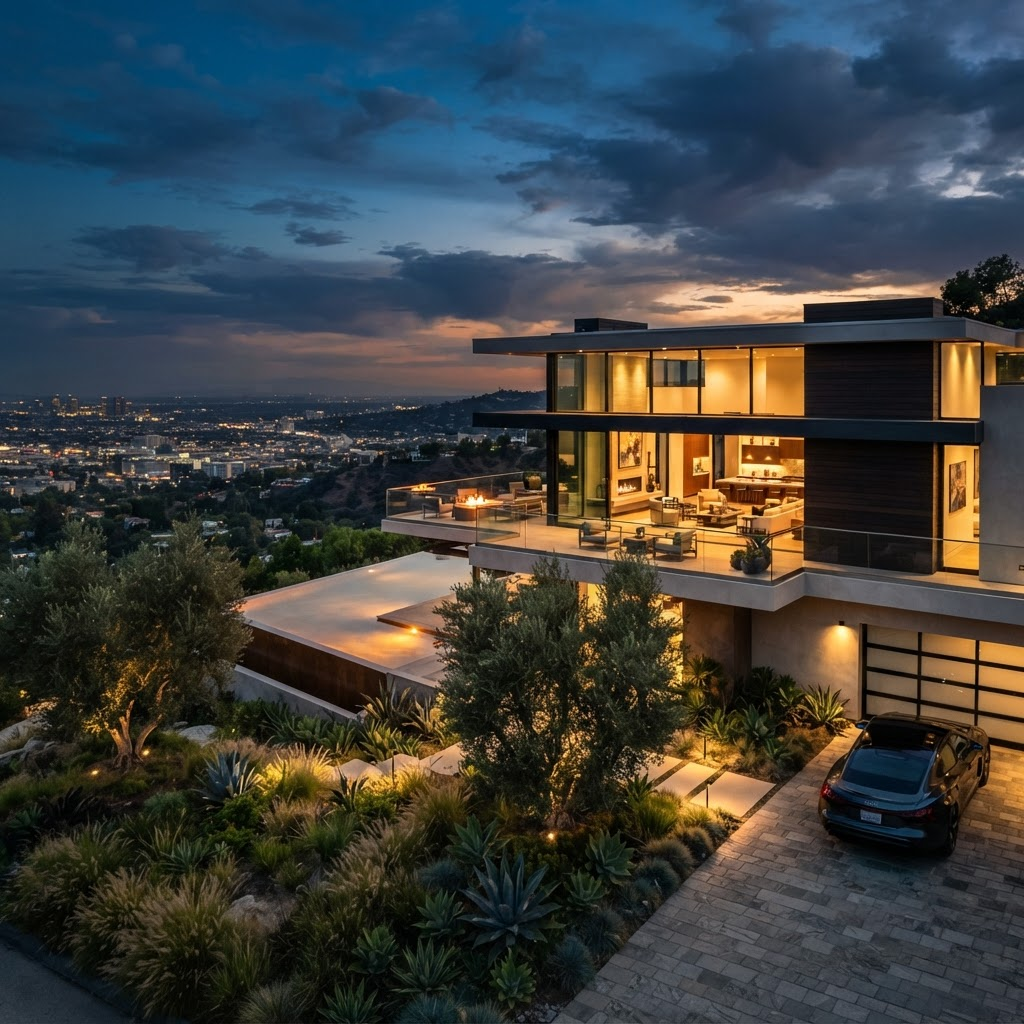 Modern luxury home at dusk